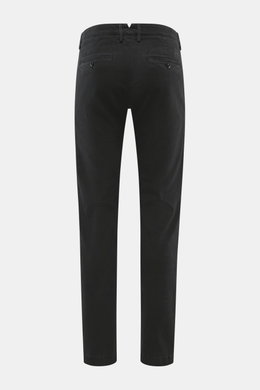Rear view of Jacob Cohen Pants 'Bobby' black, slim-cut soft cotton and lyocell twill with stretch, featuring French pockets, buttoned back pockets, and tonal leather patch. Opt for modern luxury in everyday life with these tapered slim pants.