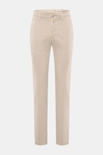 Front view of Jacob Cohen Pants 'Bobby' sand, slim fit tapered twill cotton lyocell pants with elastic quality, zipper, button, and pockets.