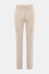 Front view of Jacob Cohen Pants 'Bobby' sand, slim fit tapered twill cotton lyocell pants with elastic quality, zipper, button, and pockets.
