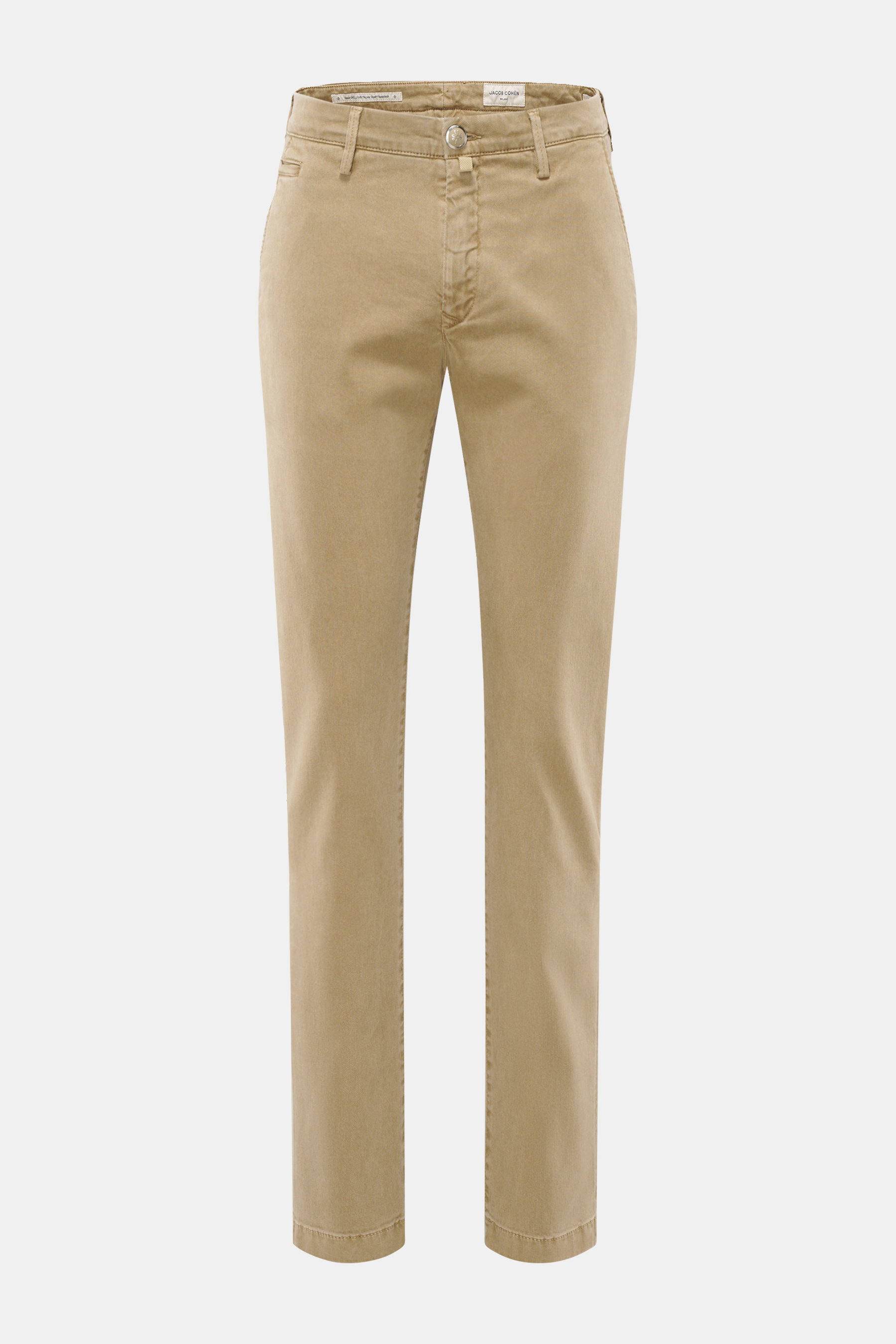 Front view of Jacob Cohen Pants 'Bobby' beige, slim fit with tapered cut, soft cotton-lyocell twill, elastic quality, zipper, button, and pockets.
