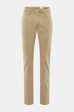 Front view of Jacob Cohen Pants 'Bobby' beige, slim fit with tapered cut, soft cotton-lyocell twill, elastic quality, zipper, button, and pockets.