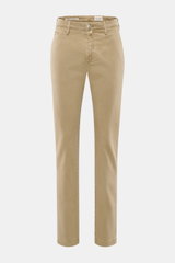 Front view of Jacob Cohen Pants 'Bobby' beige, slim fit with tapered cut, soft cotton-lyocell twill, elastic quality, zipper, button, and pockets.