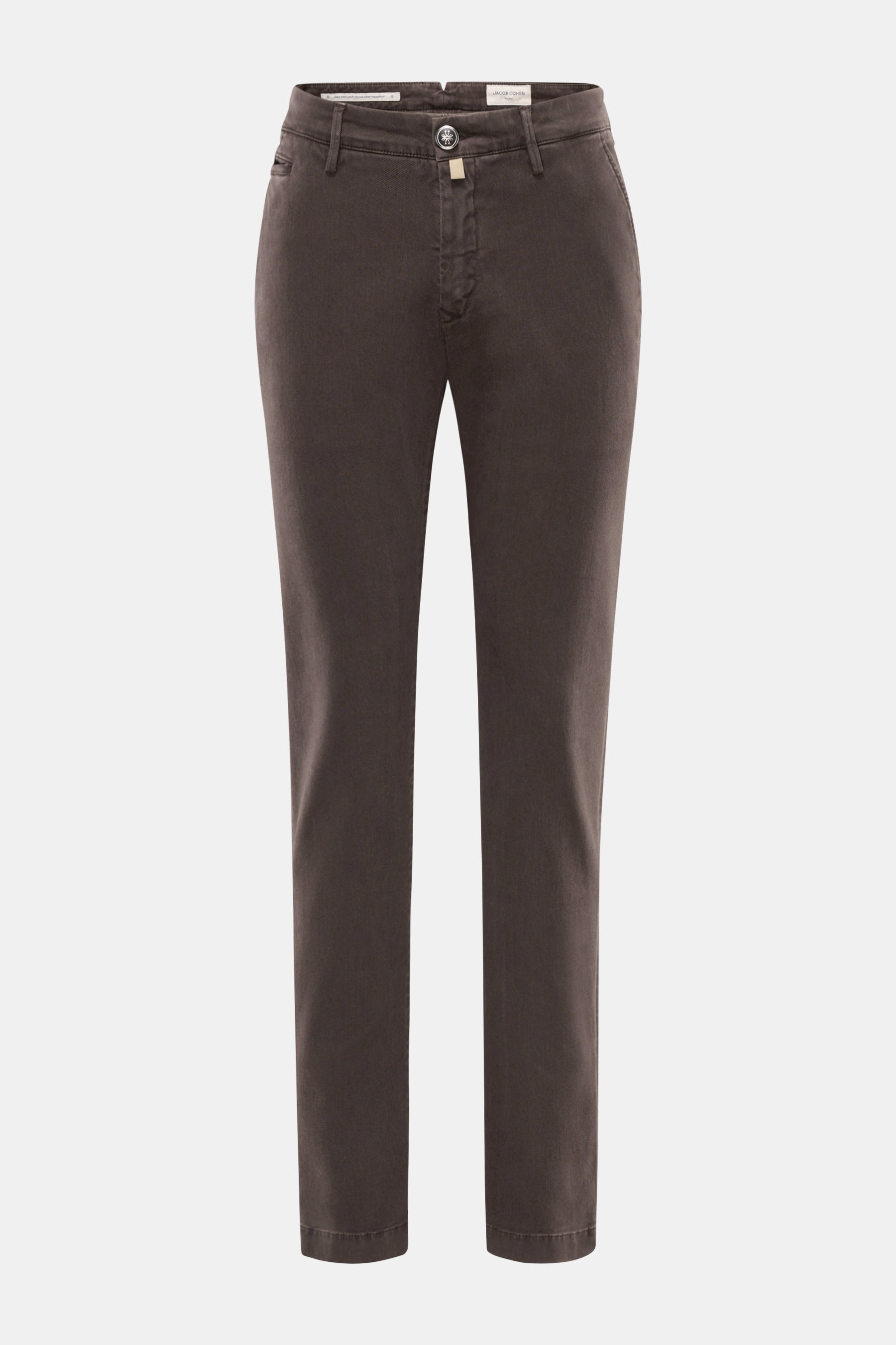 Front view of Jacob Cohen Pants 'Bobby' dark brown, slim cut with soft cotton-lyocell twill, elastic quality, zipper, waistband button, French pockets, piped coin pocket, back button pockets, and tonal leather patch. Rely on modern luxury in everyday life