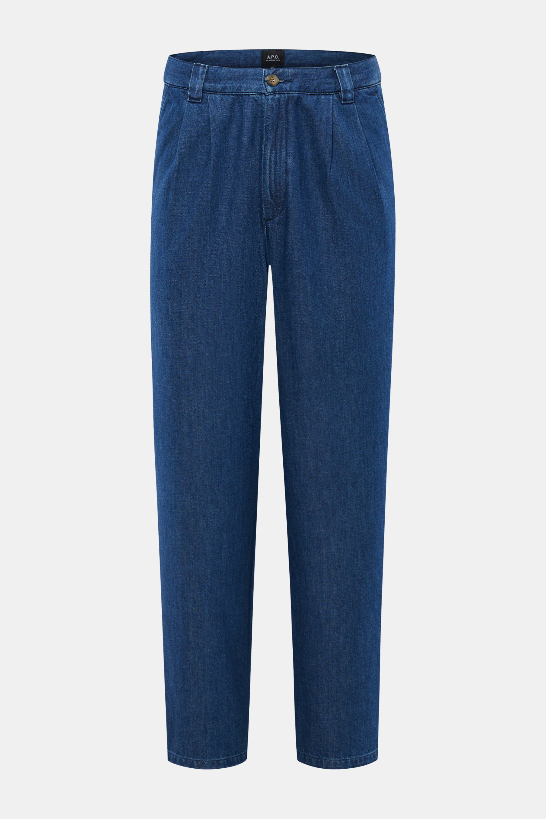 A.P.C. Baumwollhose 'Ricky' dunkelblau, frontale Nahaufnahme, Loose Fit, hoher Bund, Zip Fly, französische Taschen, knöchellang, Denim aus Baumwolle.