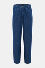 A.P.C. Baumwollhose 'Ricky' dunkelblau, frontale Nahaufnahme, Loose Fit, hoher Bund, Zip Fly, französische Taschen, knöchellang, Denim aus Baumwolle.