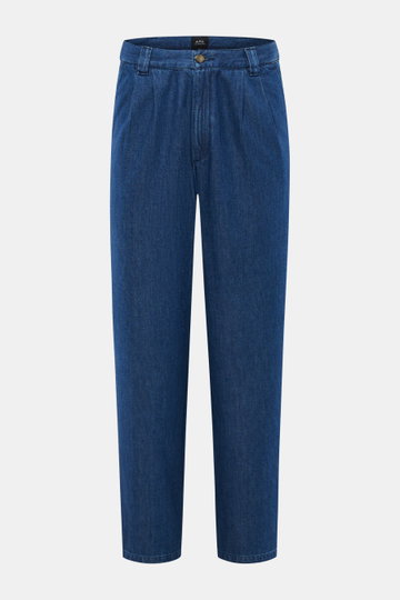 A.P.C. Baumwollhose 'Ricky' dunkelblau, frontale Nahaufnahme, Loose Fit, hoher Bund, Zip Fly, französische Taschen, knöchellang, Denim aus Baumwolle.