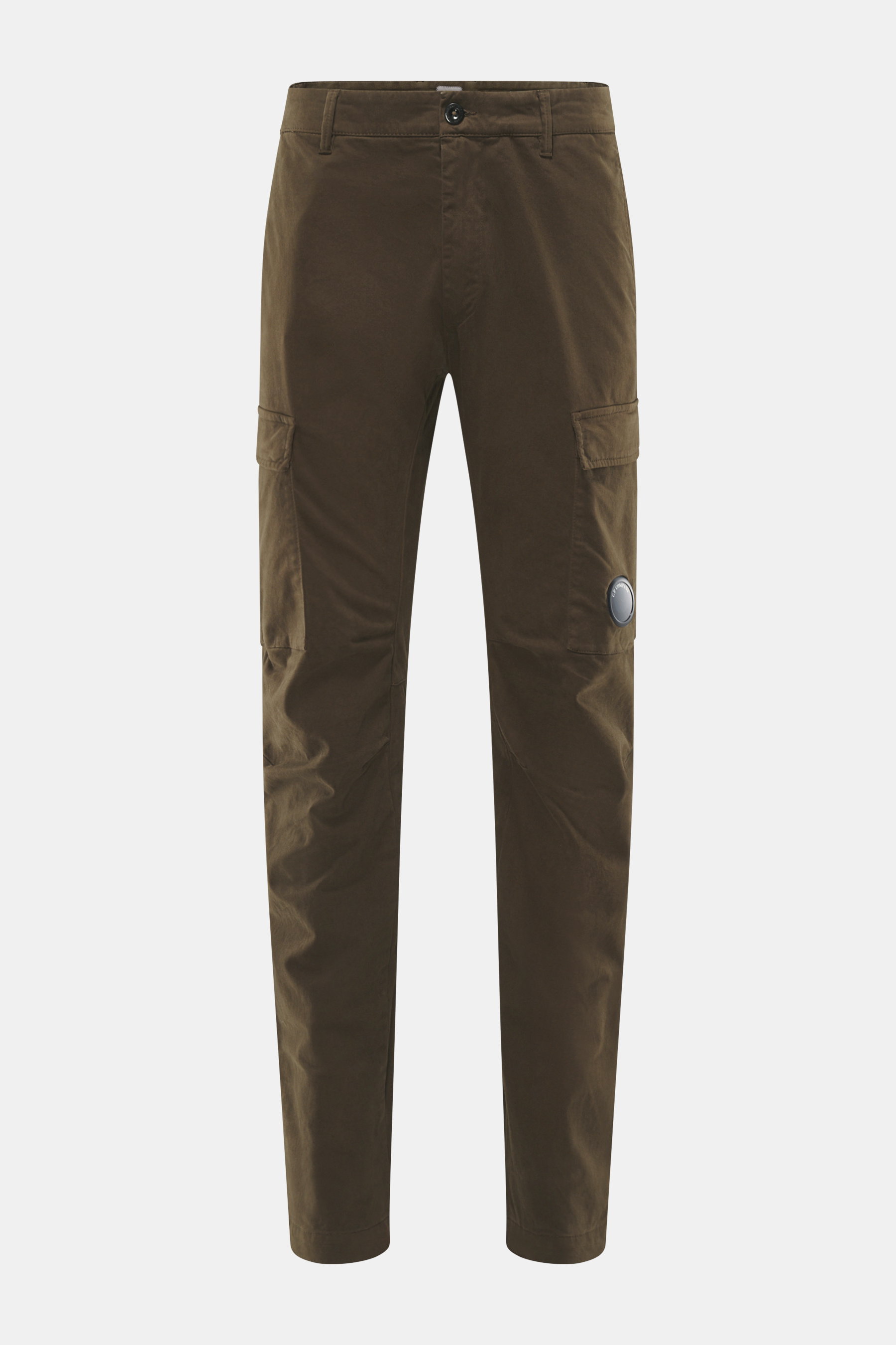 Vorderansicht der C.P. Company Cargohose khaki aus reiner Baumwolle mit leichtem Stretch, Regular Fit, schmal zulaufend, Cargo- und paspelierte Gesäßtaschen.