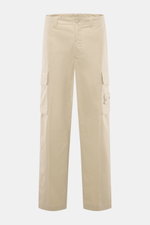 Front view of Stone Island Cargo Pants 'Ghost Piece' sand in robust cotton poplin, smooth feel, tapered fit, ankle length with cargo, French, and welt pockets, tonal compass badge.