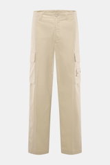 Front view of Stone Island Cargo Pants 'Ghost Piece' sand in robust cotton poplin, smooth feel, tapered fit, ankle length with cargo, French, and welt pockets, tonal compass badge.