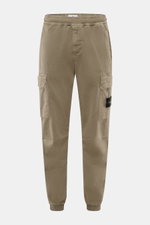 Stone Island Cargo-Jogpants graugrün, frontale Nahaufnahme, elastische Bio-Baumwolle, Cargo- und Zipper-Taschen, Kompass-Badge, tapered Fit, kurzer Schnitt.