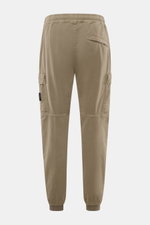 Rear view of Stone Island Cargo Jogpants grey-green showing elastic waistband, cargo pockets, zip fly, darts at knees, and elastic leg cuffs.