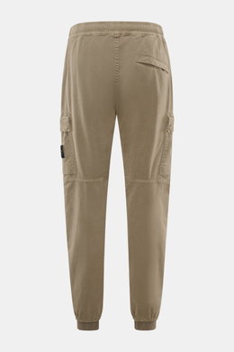 Rear view of Stone Island Cargo Jogpants grey-green showing elastic waistband, cargo pockets, zip fly, darts at knees, and elastic leg cuffs.