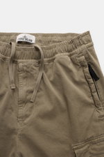 Stone Island Cargo Jogpants grey-green shown from the top front, featuring elastic organic cotton, drawstring waist, zip fly, concealed zipper and cargo pockets.