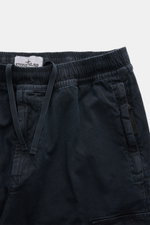 Close-up front view of Stone Island Cargo Jogpants navy showing elastic waistband with drawstring, zip fly, and side pockets.