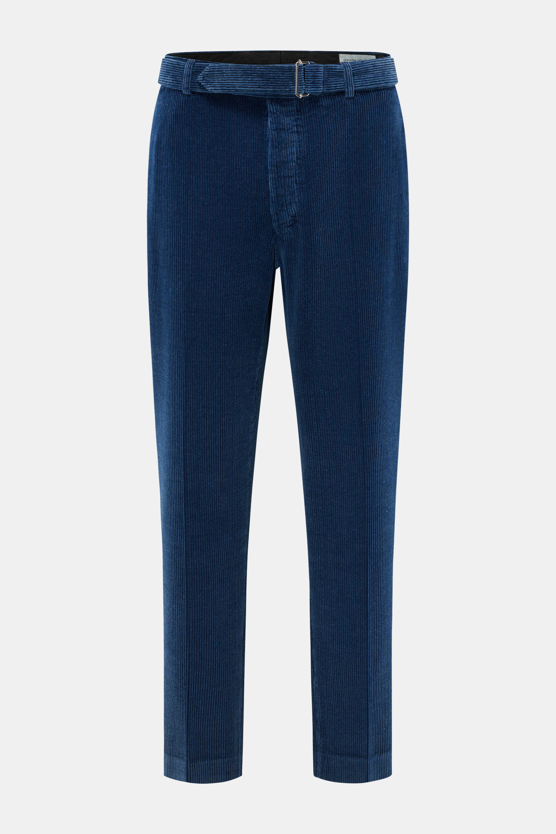 Front view of blue corduroy Officine Générale Hose 'Hugo' braun, tapered fit with tonal belt, zipper, hook, side pockets, and buttoned back pockets.