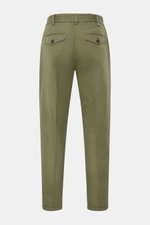 PT Torino Jogger pants 'The Rebel' green shown from the back, cotton-linen blend, regular fit, tapered cut, cropped length, elasticated waistband, button fly, French and buttoned back pockets, fixed hem turn-up.