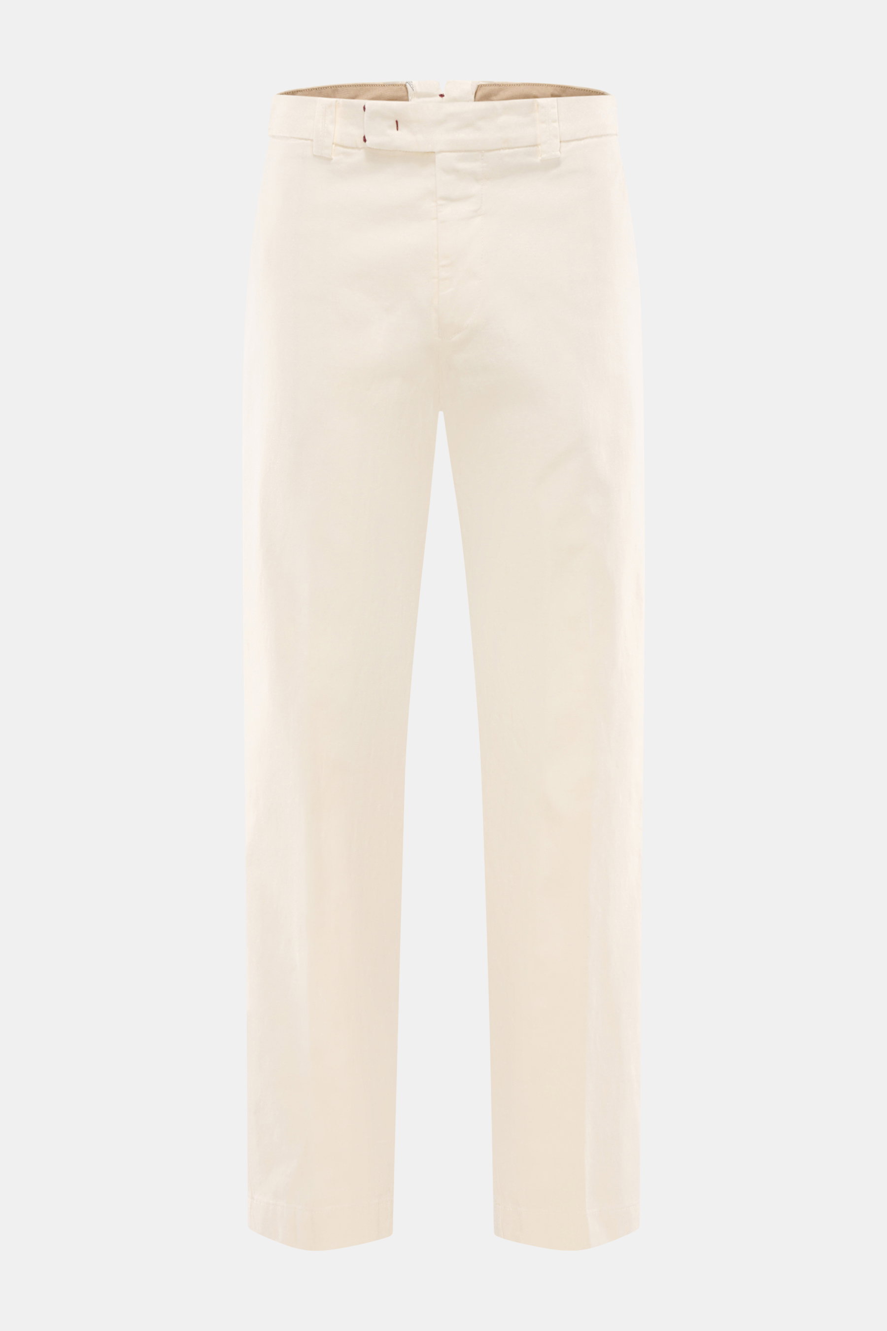 Berwich Baumwollhose 'Negroni' creme, frontale Nahaufnahme, Canvas-Baumwollhose, leicht elastisch, Regular Fit, französische Taschen, Münztasche, Knopfriegel.