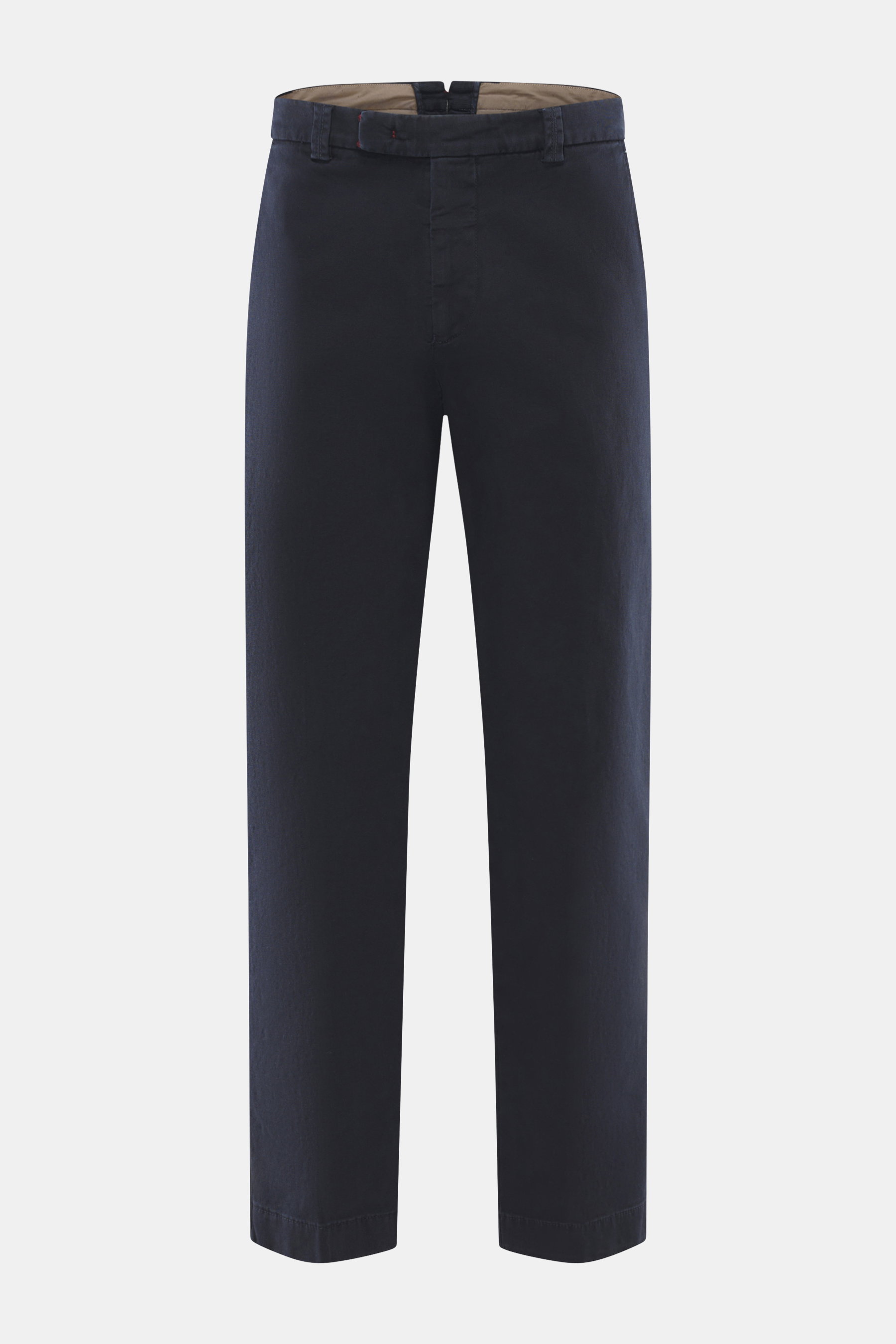 Front view of Berwich Cotton Pants 'Negroni' navy, made from durable, slightly stretchable cotton canvas with regular fit, tapered legs, zipper, waistband hook, extended button tab, French pockets, coin pocket, and buttoned back pockets, perfect for autum