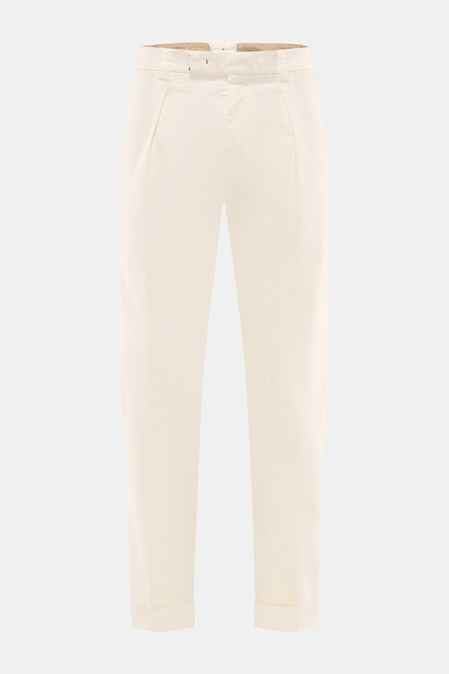 Berwich Baumwollhose 'Chiaia Old' creme, frontale Nahaufnahme, knöchellang, Tapered Fit, elastisch, Bundknöpfe, einfache Bundfalte, Saumaufschlag.