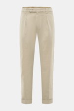 Berwich Cotton Pants 'Chiaia Old' beige shown front view, tapered fit, elastic cotton, soft touch, garment dyed with waistband buttons, zipper, pleats, pockets, fixed cuffs.