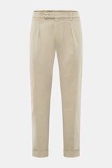 Berwich Cotton Pants 'Chiaia Old' beige shown front view, tapered fit, elastic cotton, soft touch, garment dyed with waistband buttons, zipper, pleats, pockets, fixed cuffs.