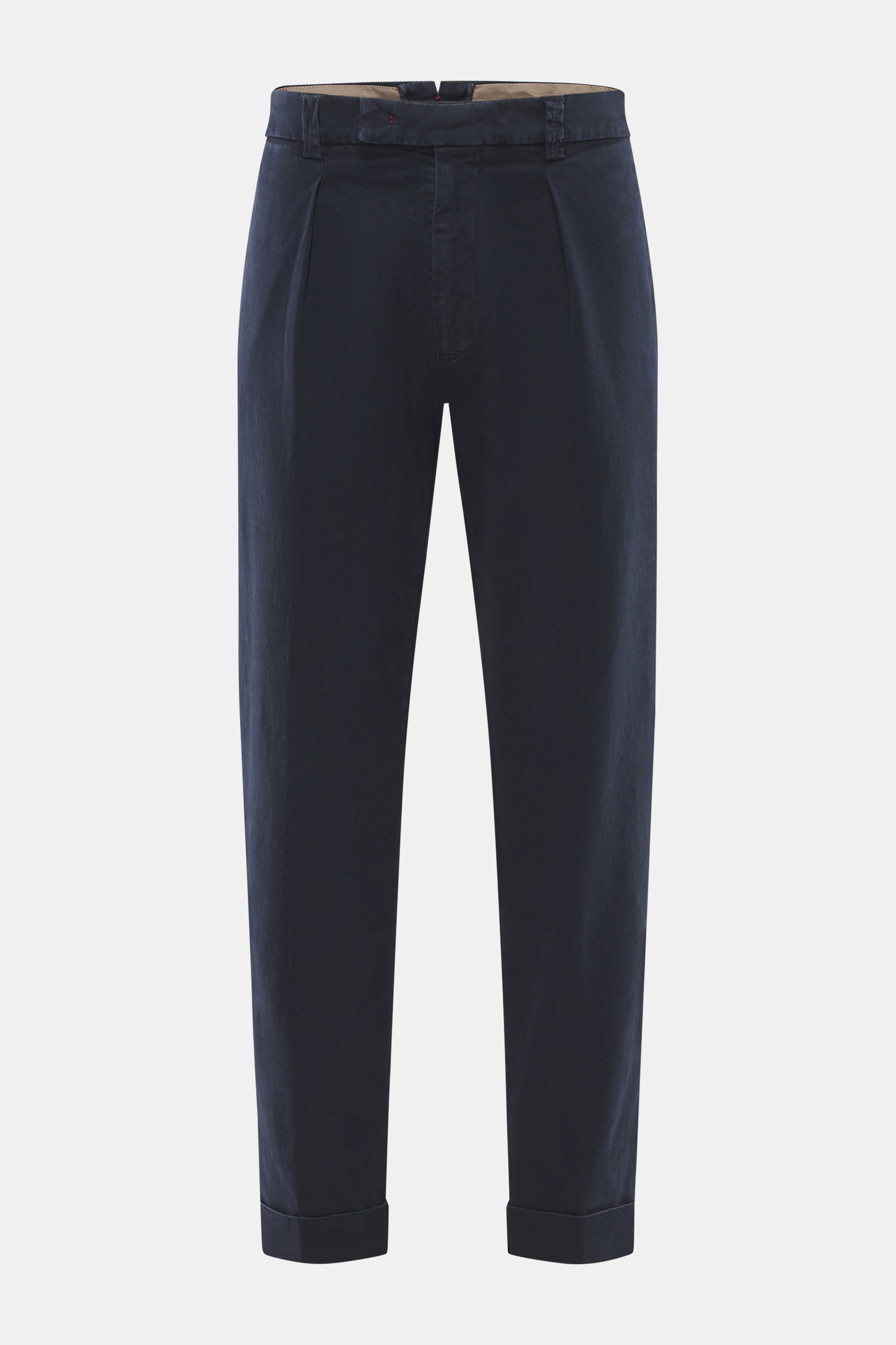 Front view of Berwich Cotton Pants 'Chiaia Old' navy in tapered fit, elastic cotton, ankle length with waistband buttons, pleat, side and back pockets, fixed hem cuff. 

<p>The 'Chiaia Old' pants by BERWICH impress with a modern tapered fit, elastic cotto