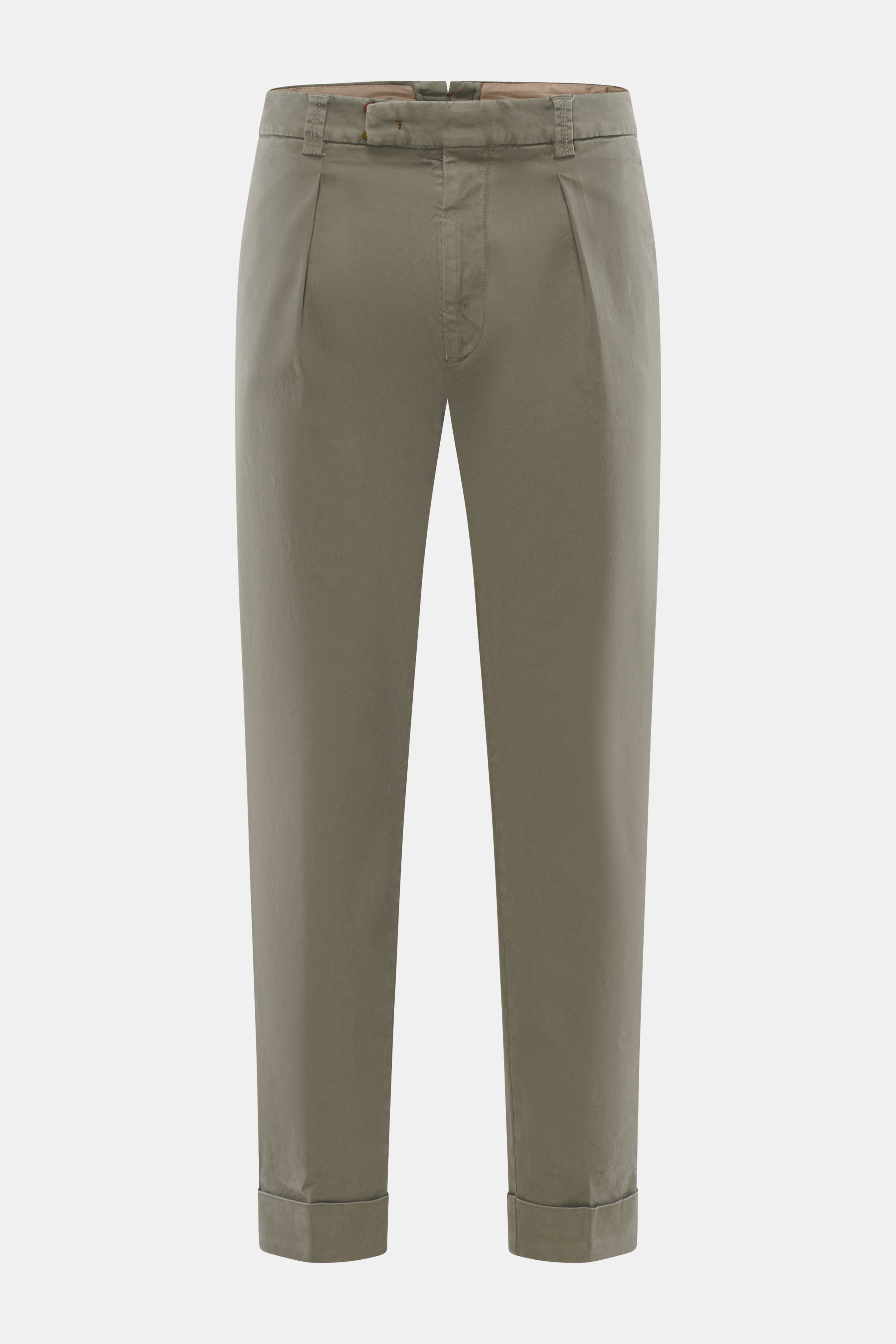 Berwich Baumwollhose 'Chiaia Old' graugrün frontale Nahaufnahme mit Tapered Fit, elastischer Baumwolle, Knopfriegel, Bundfalten und fixiertem Saumaufschlag