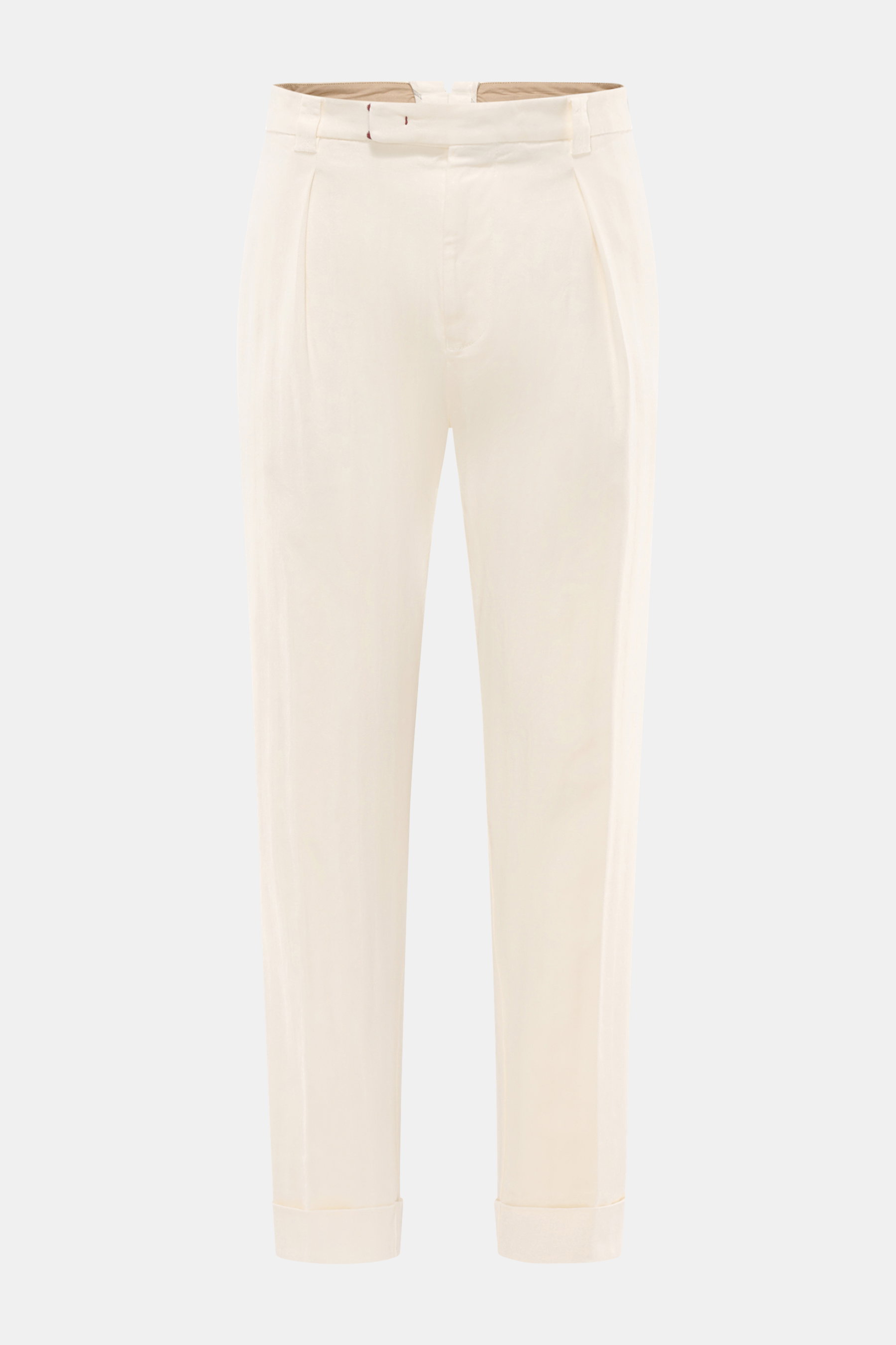 Berwich Baumwollhose 'Chiaia Old' creme, frontal fotografiert, Tapered Fit, elastisch, knöchellang, Fischgrat, Bundknöpfe, Saumaufschlag, Taschen.