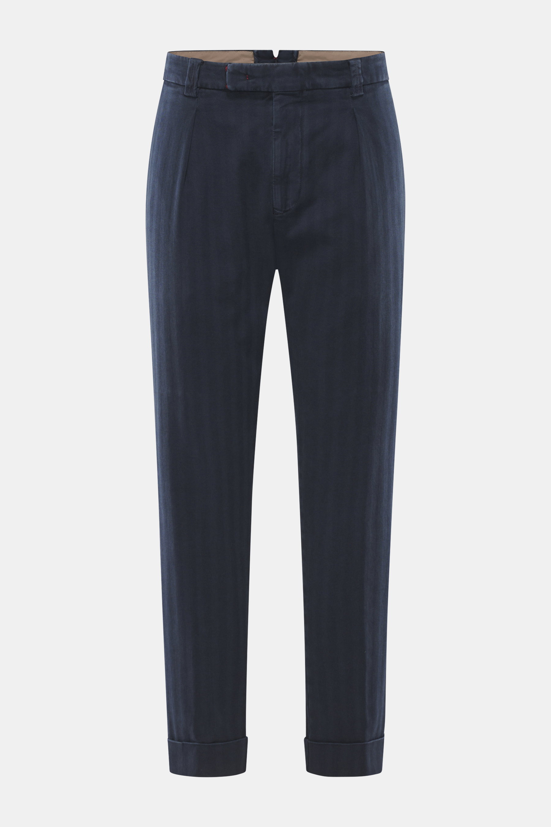 Berwich Baumwollhose 'Chiaia Old' navy, frontal fotografiert, knöchellang, tapered Fit, elastische Baumwolle, tonaler Fischgrat, Saumaufschlag.