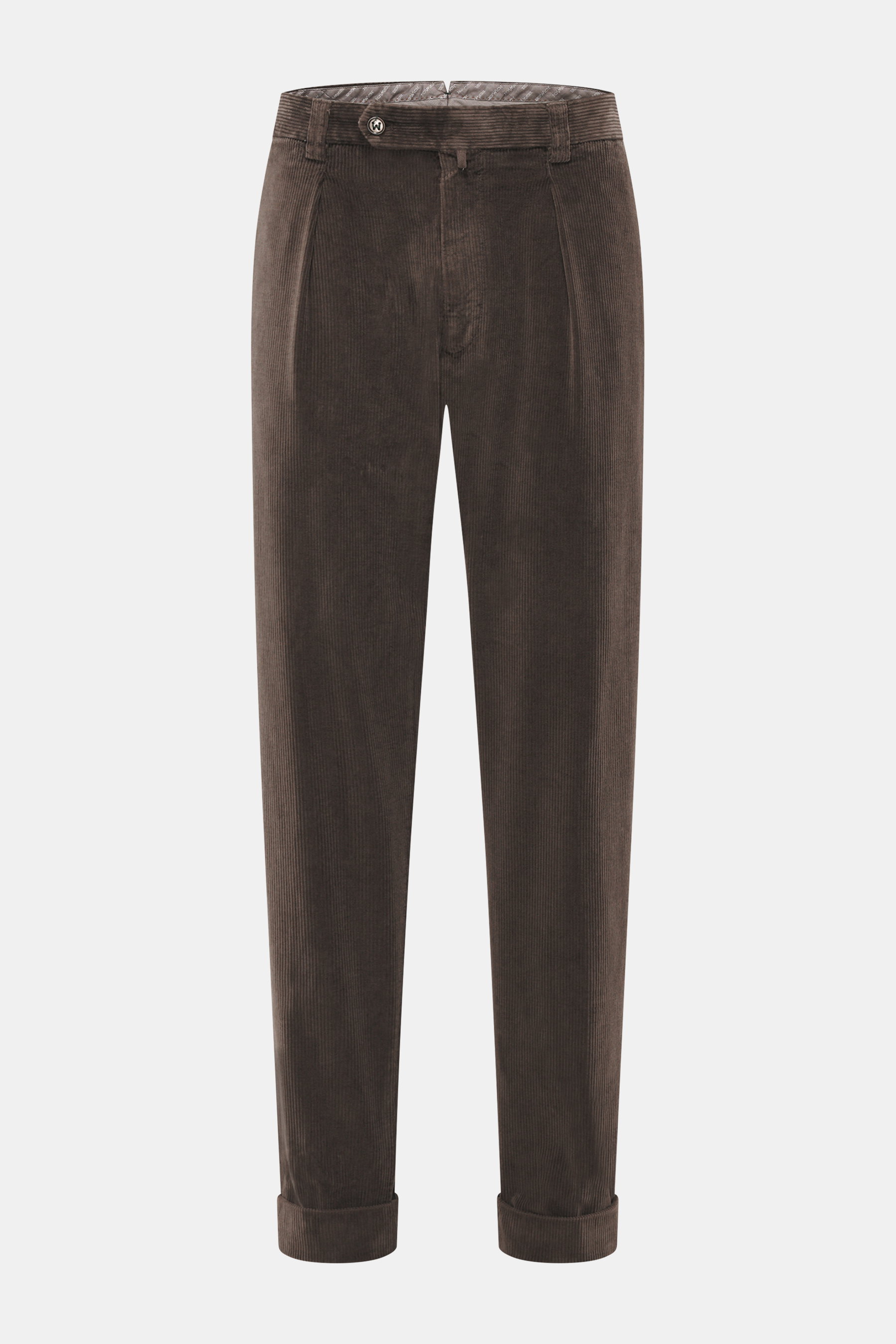 Berwich Cordhose 'Chiaia' dunkelbraun, Tapered Fit, knöchellang mit fixiertem Saumaufschlag, Cord aus elastischer Baumwolle, frontal fotografiert.