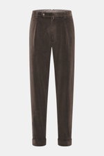 Front view of Berwich Corduroy pants 'Chiaia' dark brown in tapered fit with corduroy cotton, single pleat, zip and buttons, ankle length.