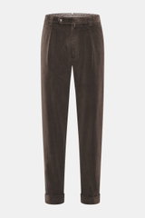 Front view of Berwich Corduroy pants 'Chiaia' dark brown in tapered fit with corduroy cotton, single pleat, zip and buttons, ankle length.
