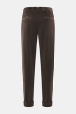 Berwich Corduroy pants 'Chiaia' dark brown shown from the back, ankle-length tapered fit with fixed hem turn-up, side and hip pockets.