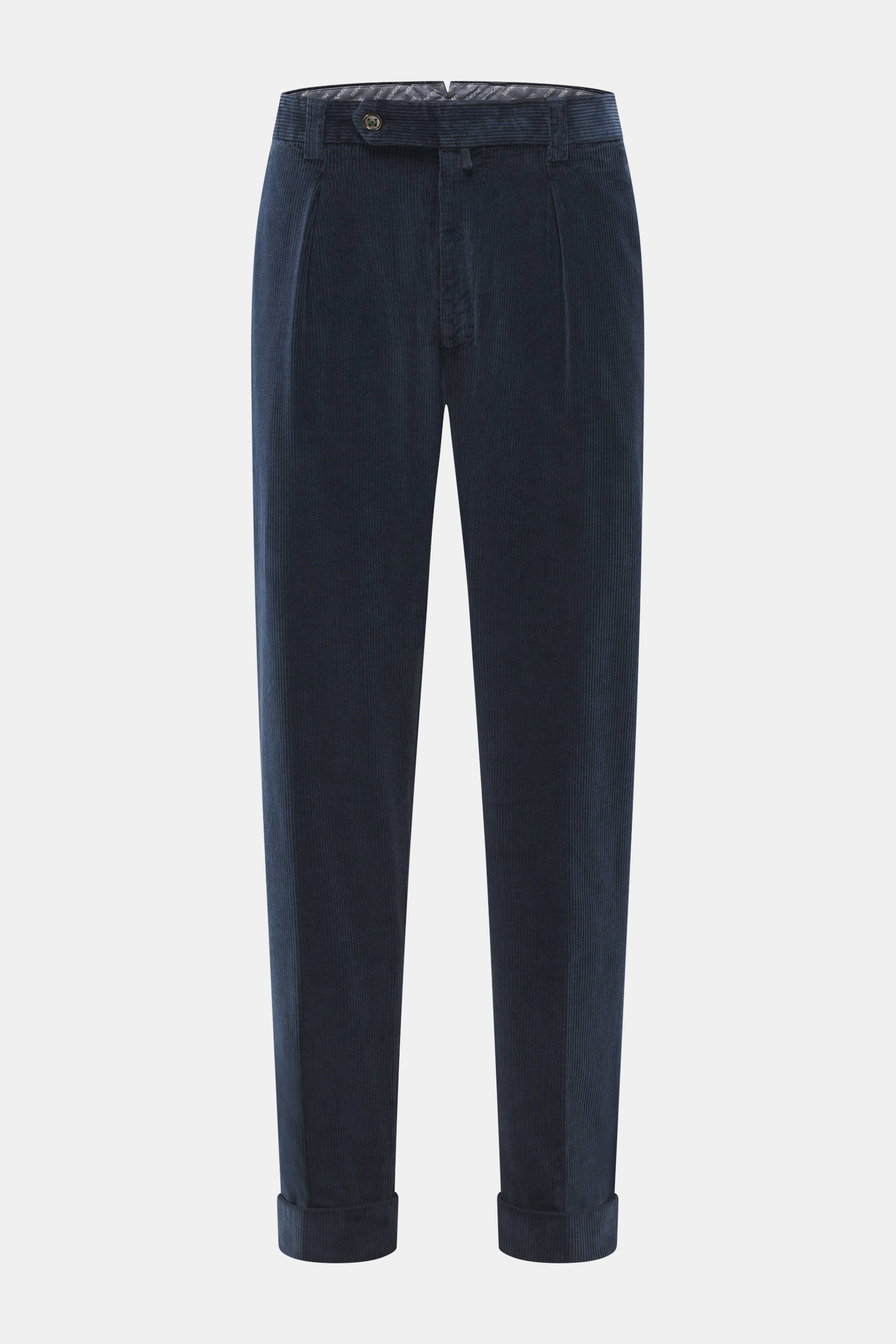 Berwich Cordhose 'Chiaia' navy aus elastischem Baumwoll-Cord, knöchellang mit fixiertem Saum, Tapered Fit, Vorderansicht, Bundknopf und Reißverschluss.