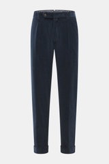 Berwich Corduroy pants 'Chiaia' navy shown from front, tapered fit with zip, waist buttons, single pleat, side and hip pockets, fixed hem turn-up.