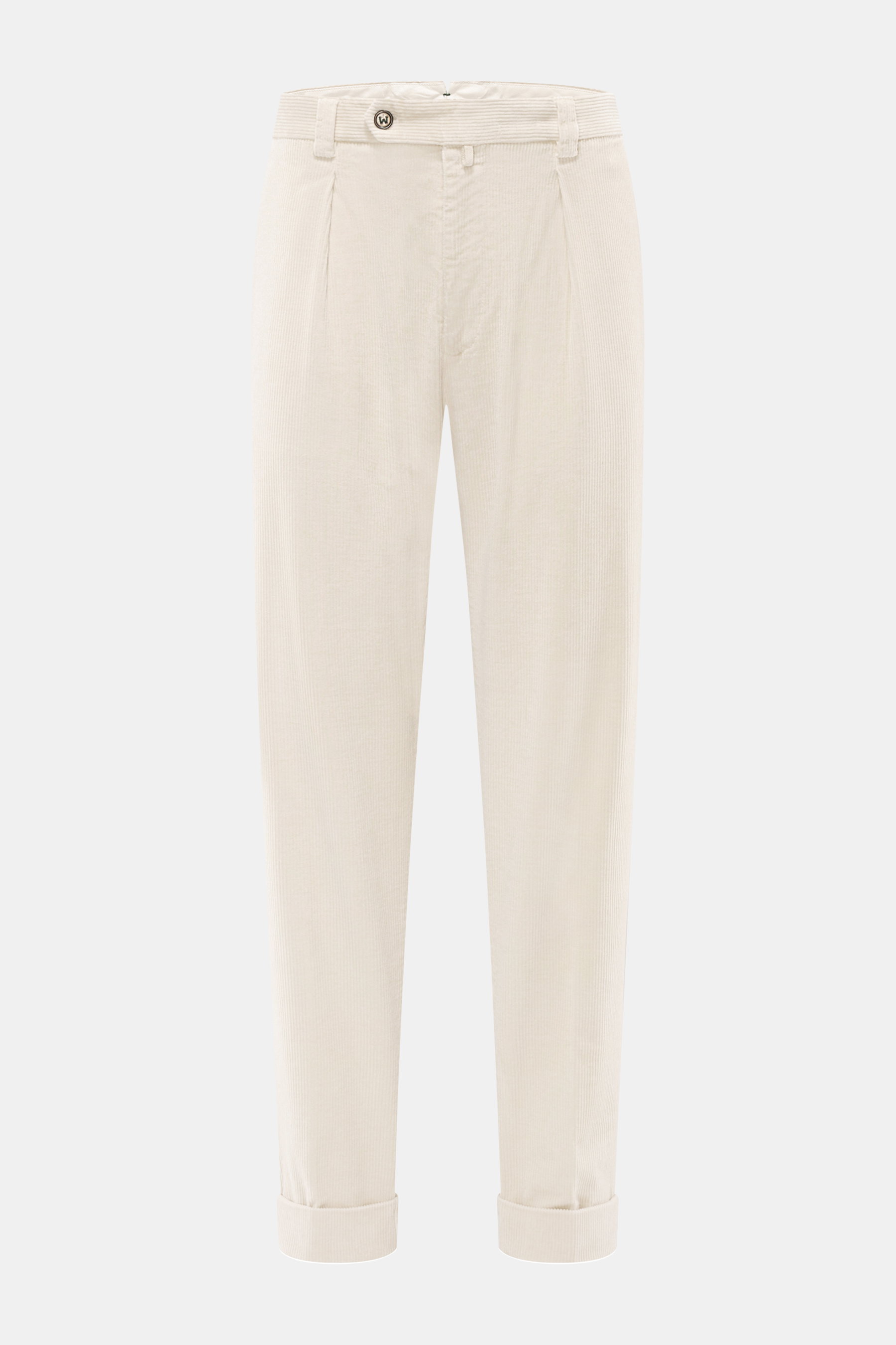 Berwich Cordhose 'Chiaia' creme, frontale Ansicht, Cord aus elastischer Baumwolle, Tapered Fit, knöchellang mit fixiertem Saumaufschlag.