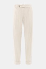 Front view of Berwich Corduroy pants 'Chiaia' cream with tapered fit, single pleat, zip and button closure, side and hip pockets, and fixed hem turn-up.