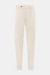 Front view of Berwich Corduroy pants 'Chiaia' cream with tapered fit, single pleat, zip and button closure, side and hip pockets, and fixed hem turn-up.