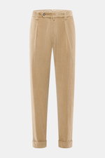 Berwich Corduroy pants 'Chiaia' beige shown from the front, featuring tapered ankle length fit, single pleat, zip, buttons, and cuffed hem.