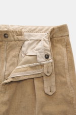 Berwich Corduroy pants 'Chiaia' beige shown from front close-up, unzipped and unbuttoned, displaying corduroy texture and inner lining.