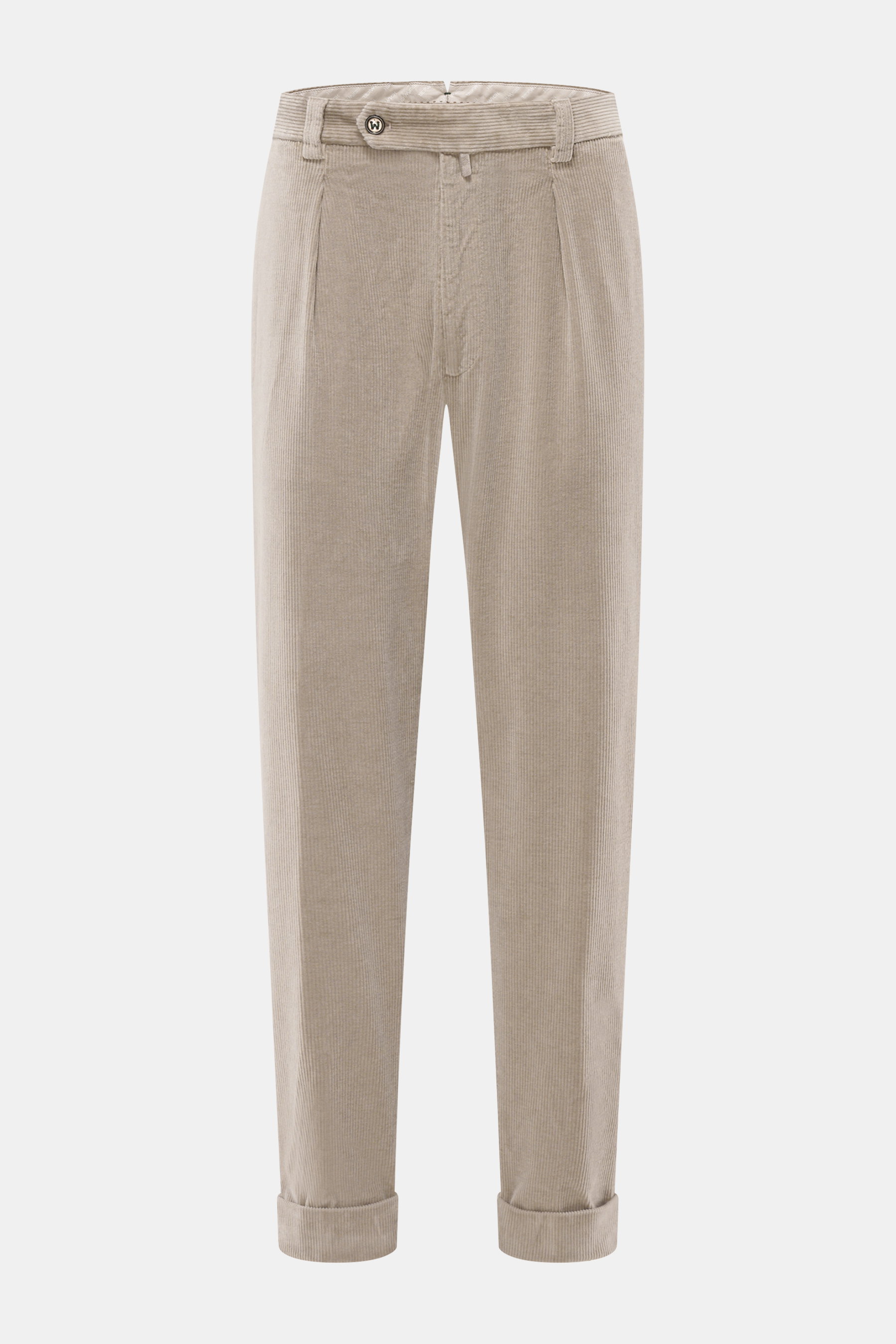 Berwich Cordhose 'Chiaia' taupe aus elastischem Baumwoll-Cord, Tapered Fit, knöchellang mit Bundknöpfen und fixiertem Saum, Frontansicht.