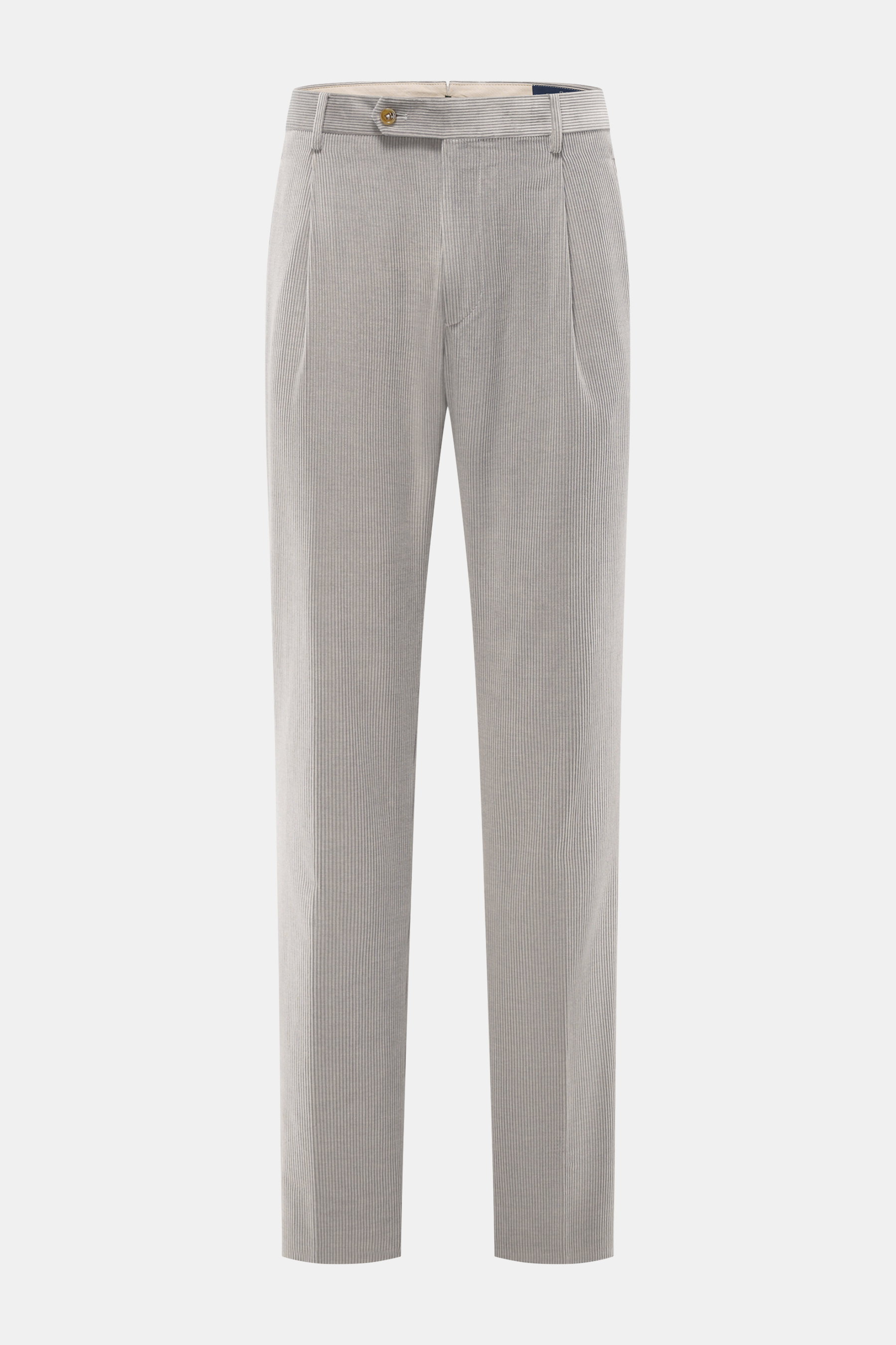 Front view of Berwich Corduroy pants 'Retrolong' grey made of soft cotton and cashmere corduroy, regular tapered fit with zipper, button flap, pleat, piped hip and welt back pockets, open length. The 'Retrolong' corduroy pants by BERWICH show how casual e