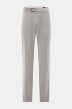 Front view of Berwich Corduroy pants 'Retrolong' grey made of soft cotton and cashmere corduroy, regular tapered fit with zipper, button flap, pleat, piped hip and welt back pockets, open length. The 'Retrolong' corduroy pants by BERWICH show how casual e