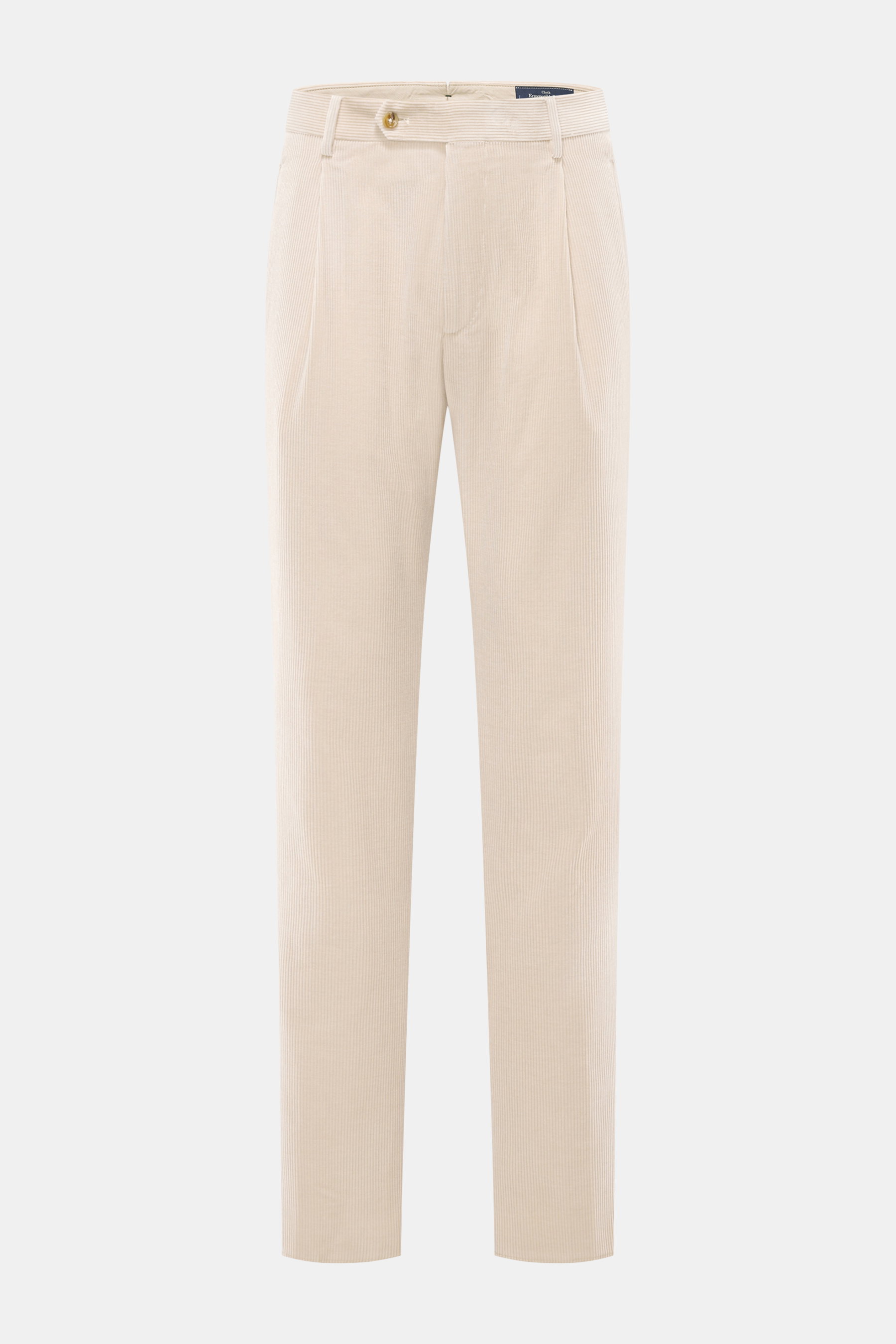 Front view of Berwich Corduroy pants 'Retrolong' sand in soft cotton and cashmere corduroy, regular fit, tapered with waistband button, zipper, pleat, piped hip and back welt pockets, open length.