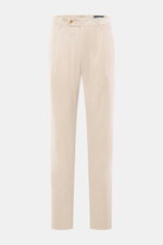 Front view of Berwich Corduroy pants 'Retrolong' sand in soft cotton and cashmere corduroy, regular fit, tapered with waistband button, zipper, pleat, piped hip and back welt pockets, open length.