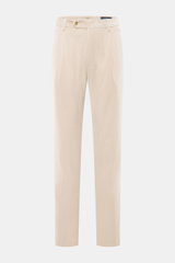 Front view of Berwich Corduroy pants 'Retrolong' sand in soft cotton and cashmere corduroy, regular fit, tapered with waistband button, zipper, pleat, piped hip and back welt pockets, open length.