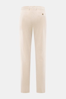 Berwich Corduroy pants 'Retrolong' sand, photographed from the back, show regular fit, tapered cotton and cashmere corduroy with piped hip pockets, welt back pockets, single waistband pleat, zipper, and button waistband with extended flap, offering a very