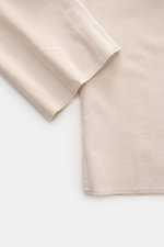 Close-up front view of Berwich Corduroy pants 'Retrolong' sand in soft cotton and cashmere corduroy, showing tapered leg and ribbed texture.