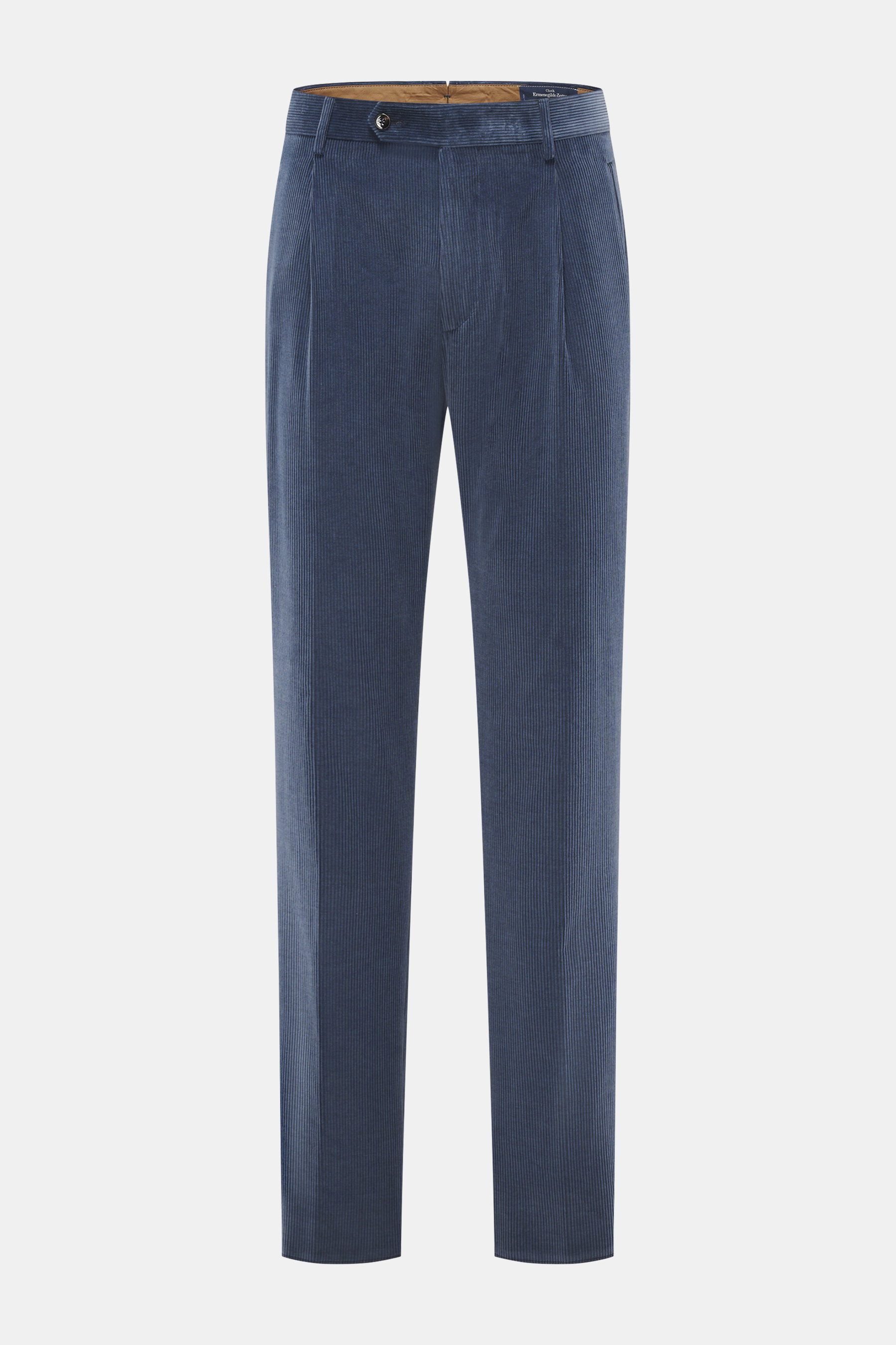 Berwich Corduroy pants 'Retrolong' grey blue shown from a front view, made of soft cotton and cashmere corduroy, regular fit with tapered legs, zipper and waistband buttons, extended button flap, single waistband pleat, piped hip pockets, welt back pocket