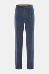 Berwich Corduroy pants 'Retrolong' grey blue shown from a front view, made of soft cotton and cashmere corduroy, regular fit with tapered legs, zipper and waistband buttons, extended button flap, single waistband pleat, piped hip pockets, welt back pocket